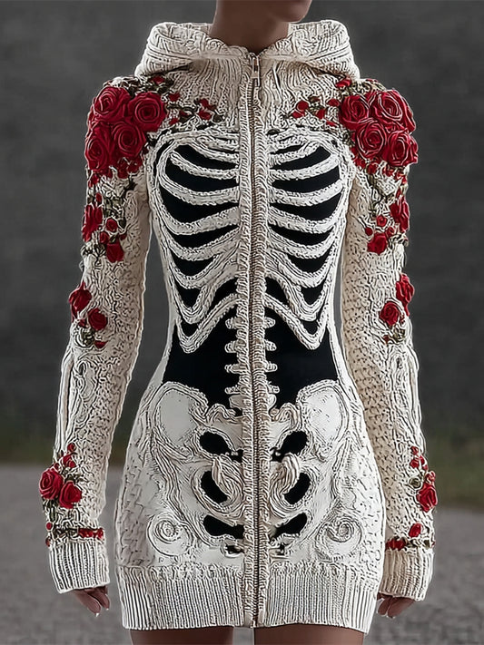 Halloween Skeleton & Floral Women's Hooded Zip-up Cardigan artswardrobe