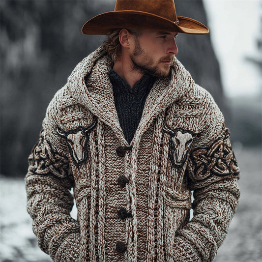 Men's Vintage Bull Skulls Chunky Cozy Knit Hooded Cardigan elevenforest