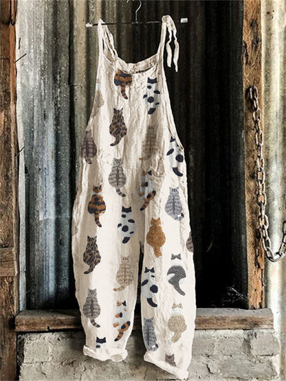Comstylish Cute Cats Embroidery Pattern Linen Blend Casual Jumpsuit