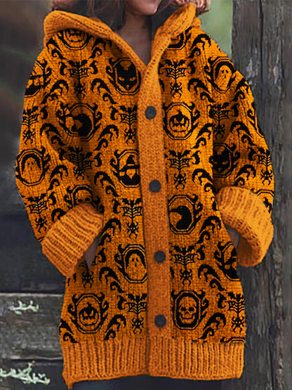 Halloween Elements Gothic Pattern Cozy Knit Hooded Cardigan artswardrobe