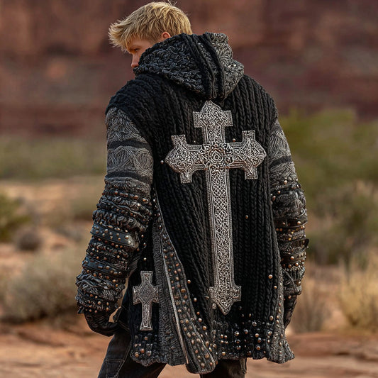 Men's Dark Style Cross Inspired Knitted Cozy Zipper Up Midi Hooded Cardigan elevenforest
