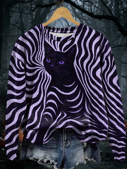 Women's Halloween Black Cat Stripes Print Casual Sweatshirt artswardrobe