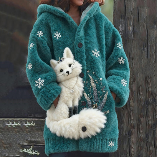 Women's Fox Print Cozy Knit Hooded Sweater Cardigan