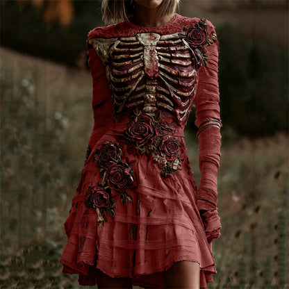 Comstylish Halloween Bloody Rib Cage Red Roses Bandages Comfy Mini Dress