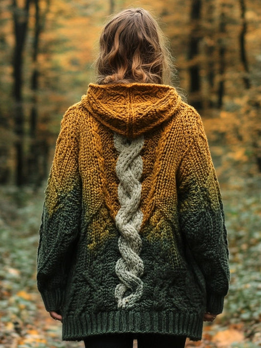 Vintage Irish Celtic Jacquard Gradient Chunky Hooded Cardigan elevenforest