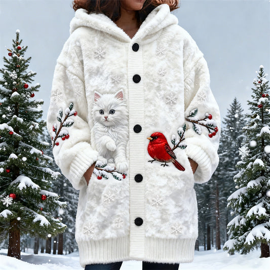 Christmas Cat & Bird Women's Hooded Flannel Cardigan