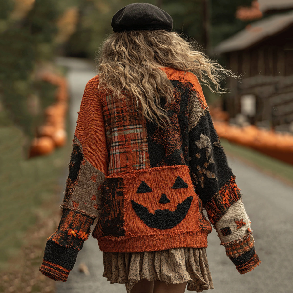 Vintage Patchwork Halloween Pumpkin Face Artcozy Knit Cardigan elevenforest
