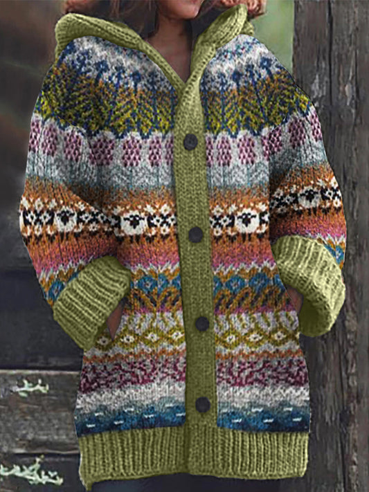 Vintage Sheep Colorful Icelandic Cozy Knit Hooded Cardigan elevenforest