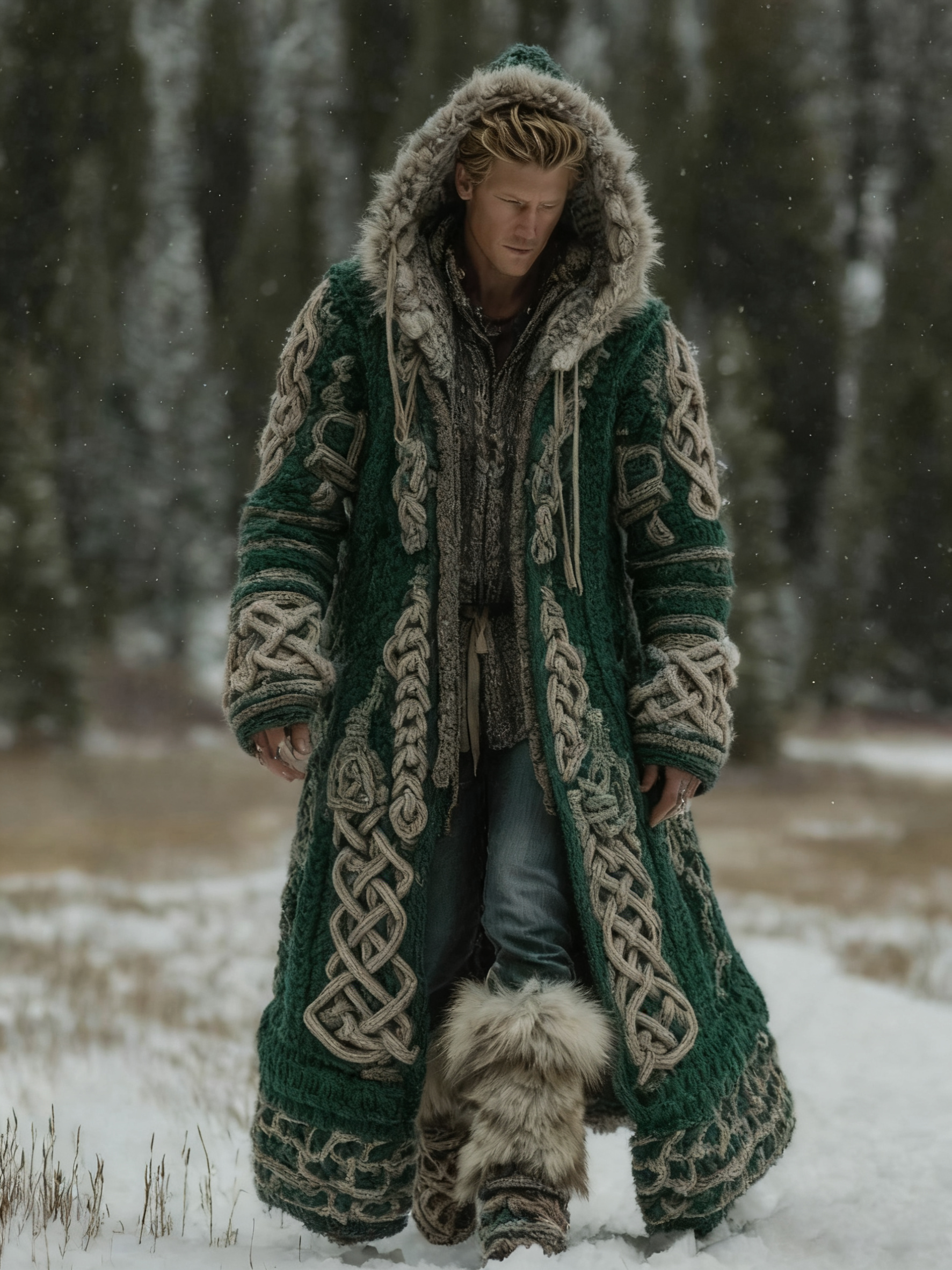 Men's Viking Celtic Knot Art Pocket Mid-length Fur Collar Chunky Knit Cardigan Sweater artswardrobe