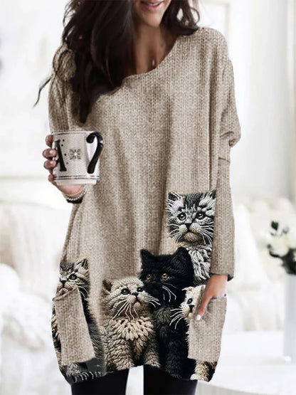 Comstylish Fuzzy Cats Crochet Art Patch Pocket Cozy Knit Cardigan