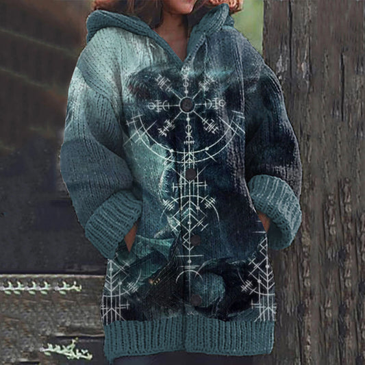 Vintage Viking Compass Totem Sea Monster Pattern Sweater Cardigan elevenforest