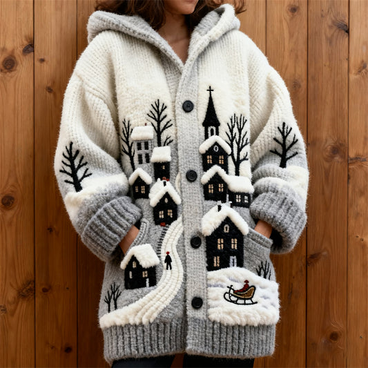 Christmas Houses & Snowy Scenery Women's Knit Hooded Cardigan