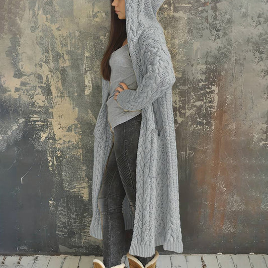 Women'S Solid Color Hooded Knitted Cardigan elevenforest