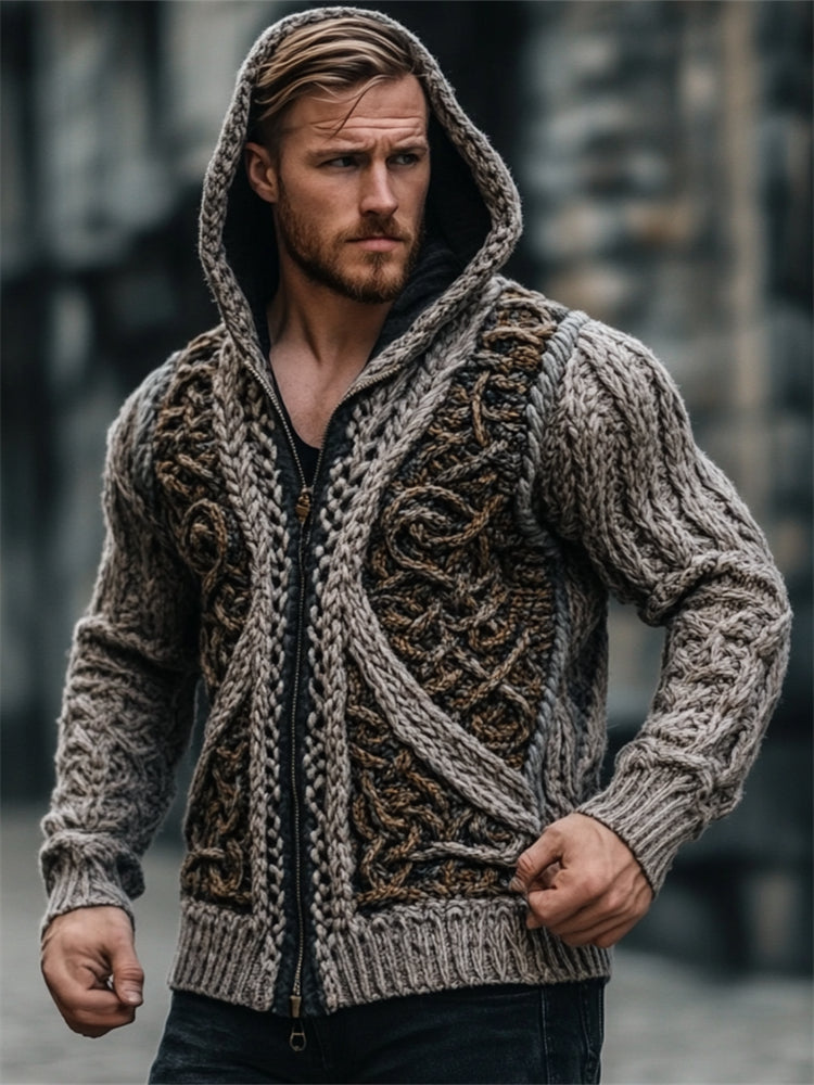 Men's Vintage Viking Celtic Chunky Hooded Cardigan elevenforest