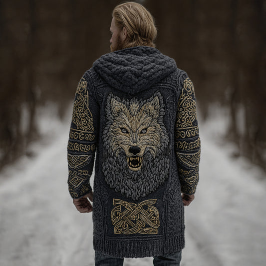 Men's Viking Style Celtic Knot Wolf Head Pocket Midi Cardigan artswardrobe