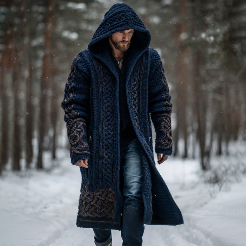 Men's Vintage Viking Celtic Knot Art Chunky Knit Mid-length Hooded Cardigan Sweater artswardrobe