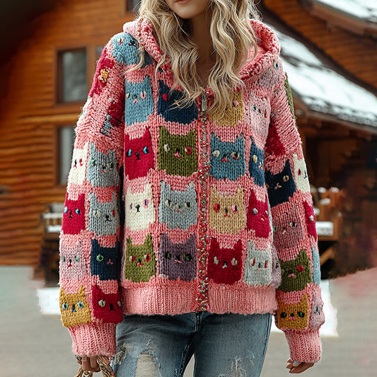 Colorful Cats Pattern Art Cozy Knit Cardigan elevenforest