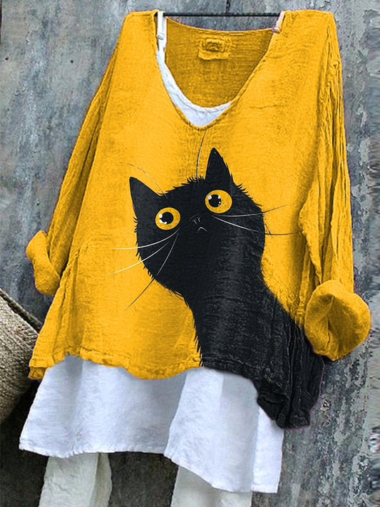 Comstylish Funny Cat Print Linen Blend Casual Shirt
