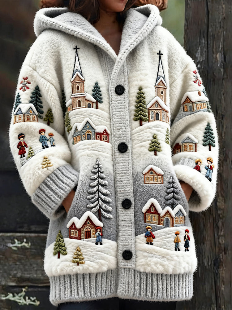 Christmas Snow Scene & House Women's Hooded Knit Cardigan