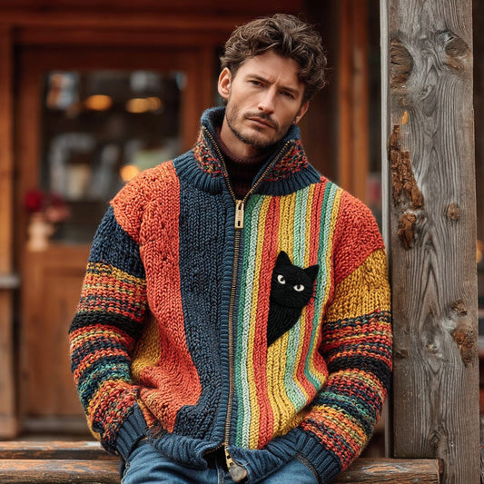 Men's Cute Black Cat Hiding In Stripes Color Block Jacquard Zipper Up Knitted Cardigan artswardrobe