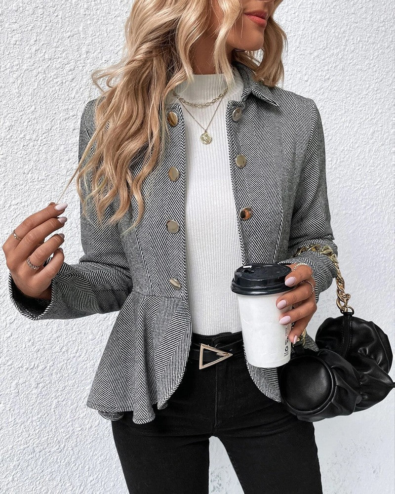 CM | Blazer de rayas con botones y dobladillo fruncido, elegante corte entallado