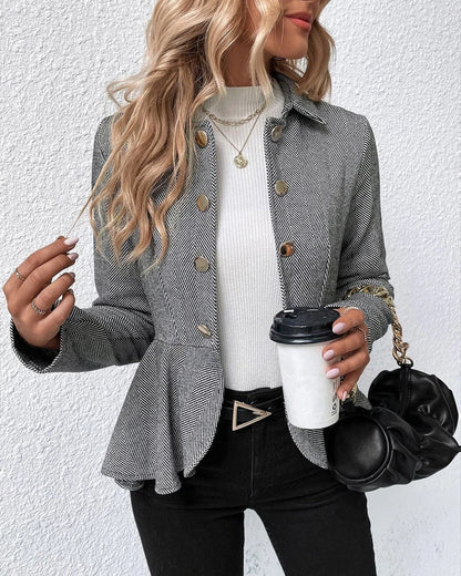 CM | Blazer de rayas con botones y dobladillo fruncido, elegante corte entallado