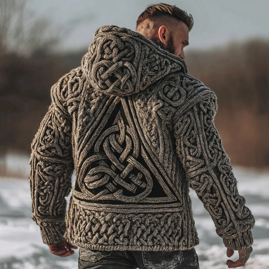Men's Viking Valknut Runes Chunky Knit Hooded Cardigan artswardrobe