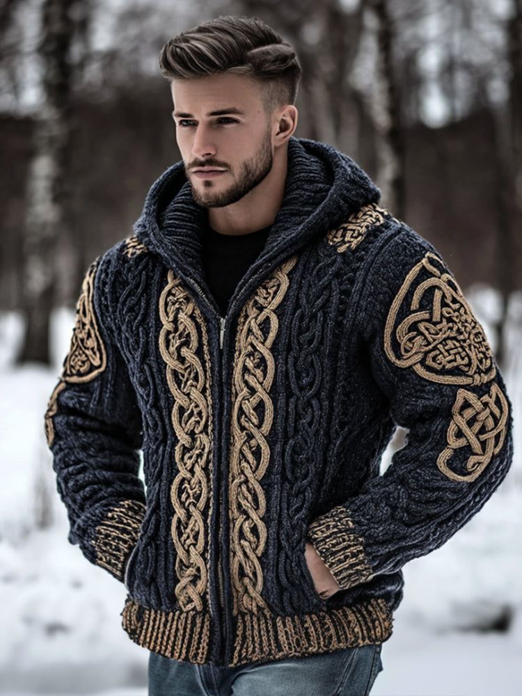 Men's Viking Celtic Knot Thick Needle Warm Hooded Cardigan Sweater artswardrobe