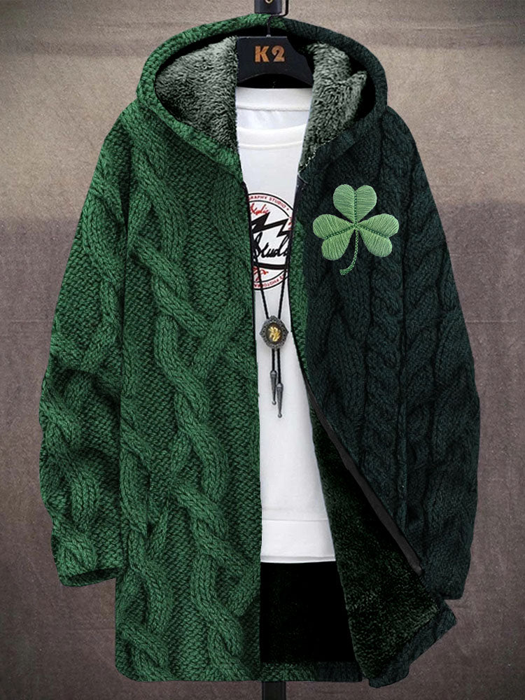 Men's Shamrock Embroidered Jacquard Cozy Hooded Coat artswardrobe