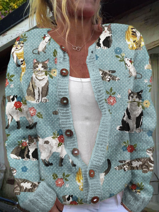 Vintage Polka Dot Cat Floral Women's Soft Sweater Cardigan elevenforest