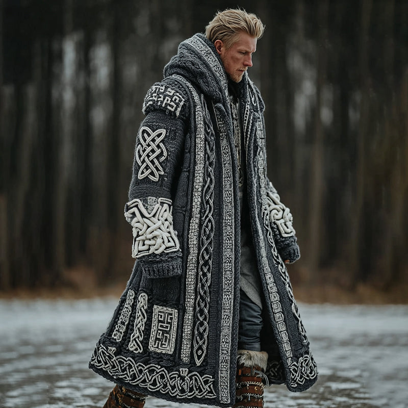 Men's Vintage Viking Celtic Knot Art Pattern Pocket Mid-length Hooded Cardigan Sweater artswardrobe