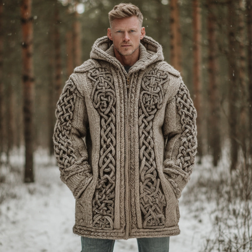 Men's Viking Celtic Pattern Art Cozy Knit Hooded Cardigan artswardrobe