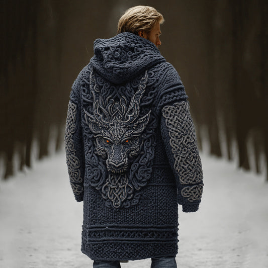 Men's Viking Dragon Head Celtic Knot Pocket Mid-length Cardigan artswardrobe