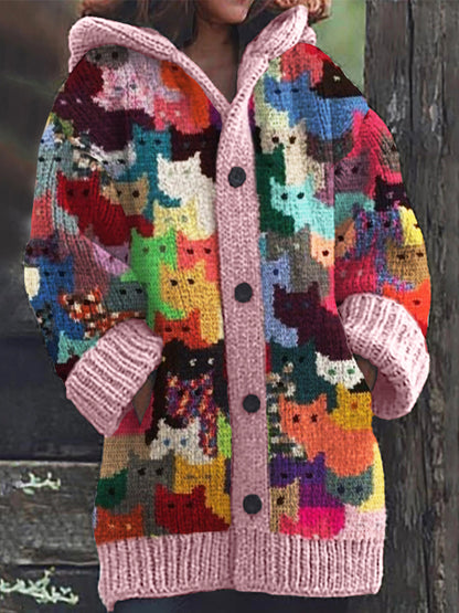 Comstylish Colorful Cats Knit Art Cozy Hooded Cardigan