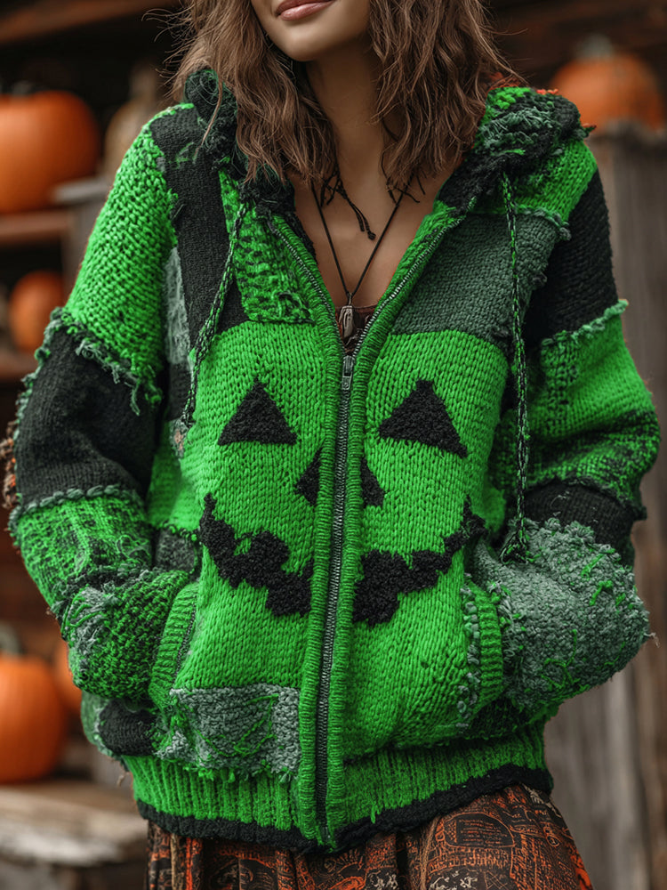 Patchwork Halloween Pumpkin Face Art  Cozy Knit Hooded Cardigan elevenforest