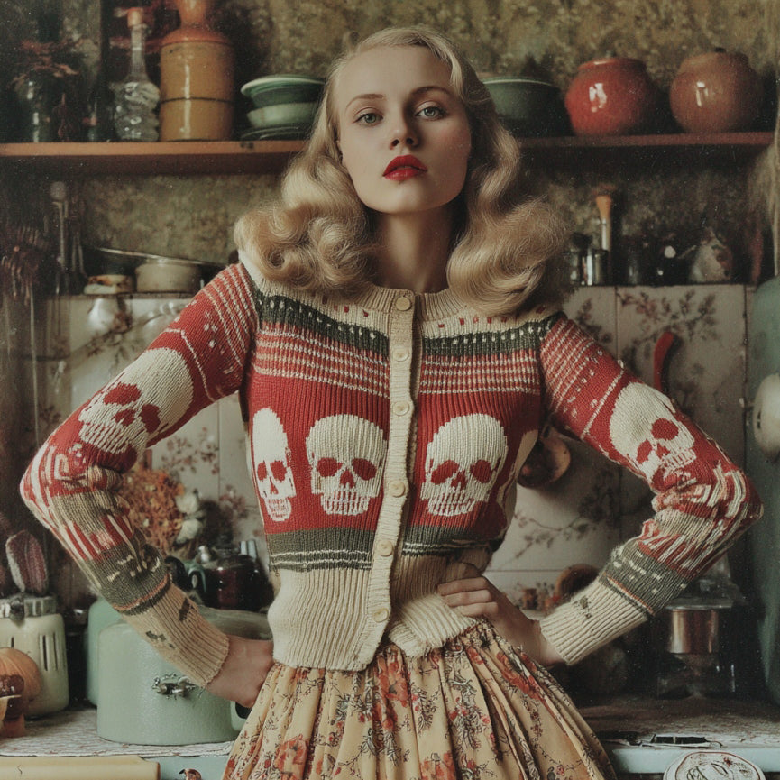 Women's Vintage Skull Pattern Knit Sweater Cardigan artswardrobe