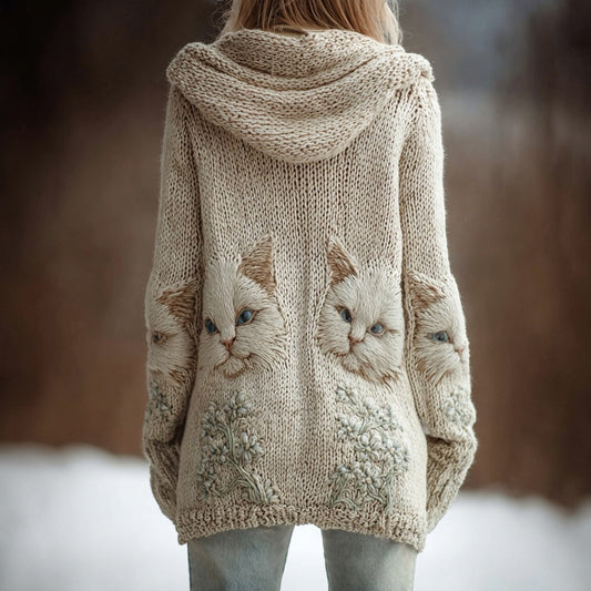 Comstylish Cute Cats Embroidered Cozy Knit Hooded Cardigan