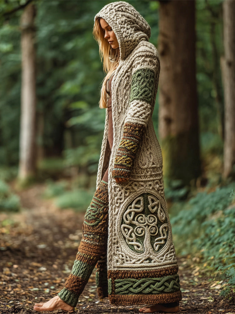Celtic Tree Irish Art Women's Hooded Knit Long Cardigan artswardrobe
