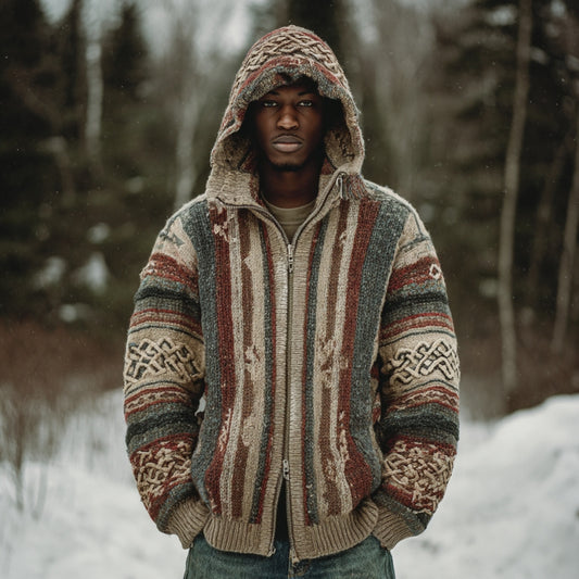 Men's Vintage Colorful Striped Celtic Art Jacquard Thick Warm Zip Hooded Sweater Cardigan elevenforest