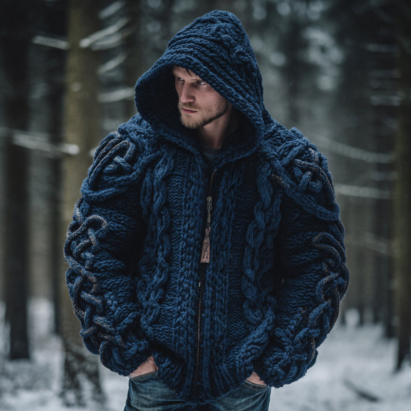 Men's Vintage Viking Celtic Knot Art Zip-up Chunky Knit Hooded Cardigan artswardrobe