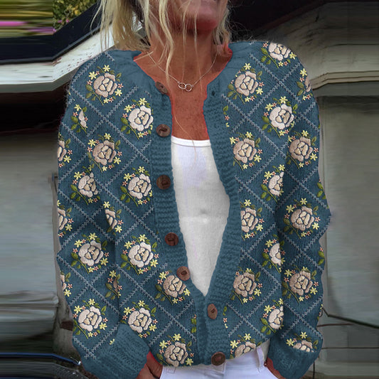 Vintage Iceland Square Rose Knit Warm Cardigan Sweater elevenforest