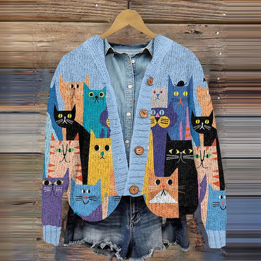 Colorful Cartoon Cat Pattern Women's Cardigan elevenforest