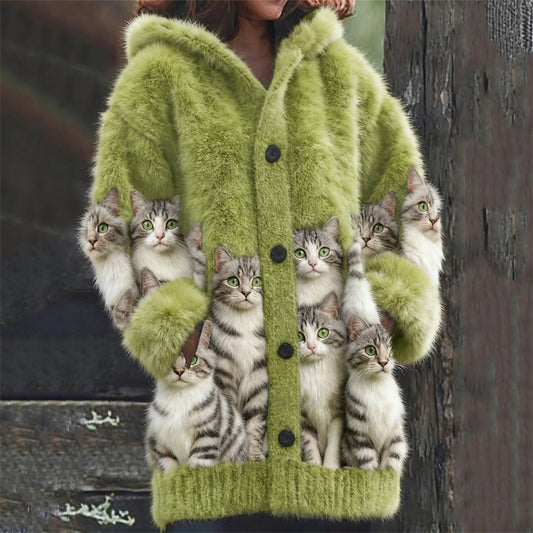 Comstylish Lovely Fuzzy American Shorthair Cats Cozy Knit Hooded Cardigan