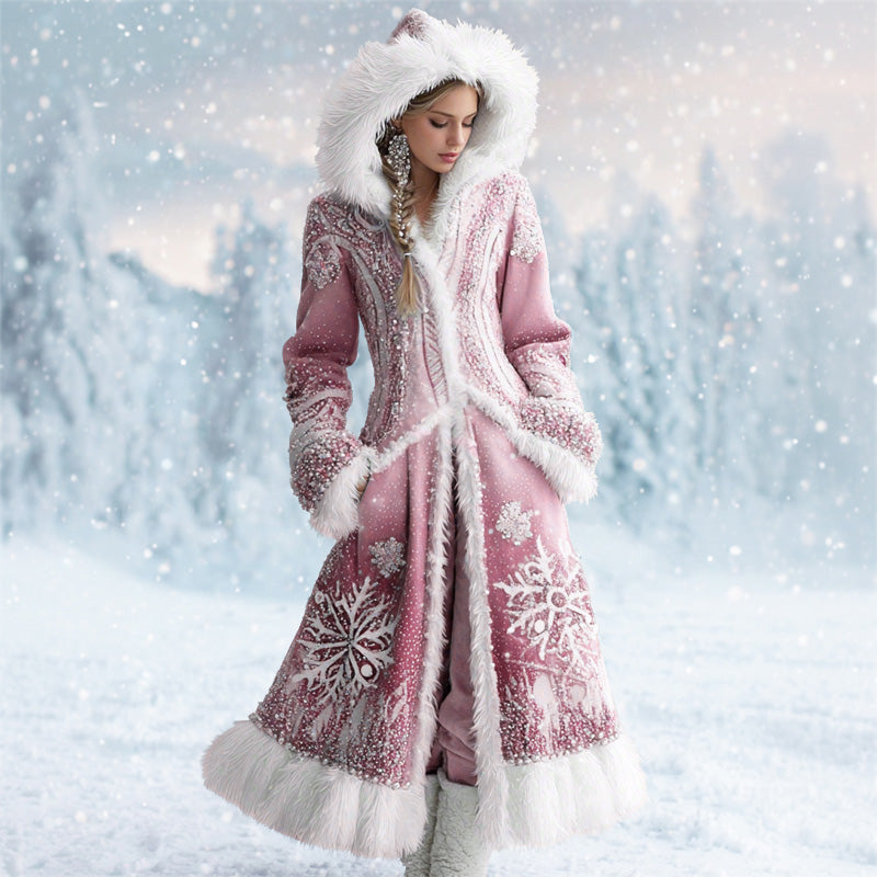 Comstylish Christmas Fashion Snowflake Pattern Women's Plush Coat