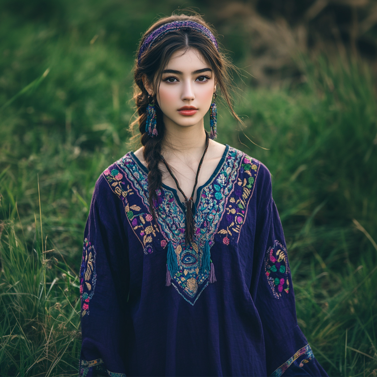 Boho Purple Floral Tassel Art Linen Blend Loose Blouse artswardrobe