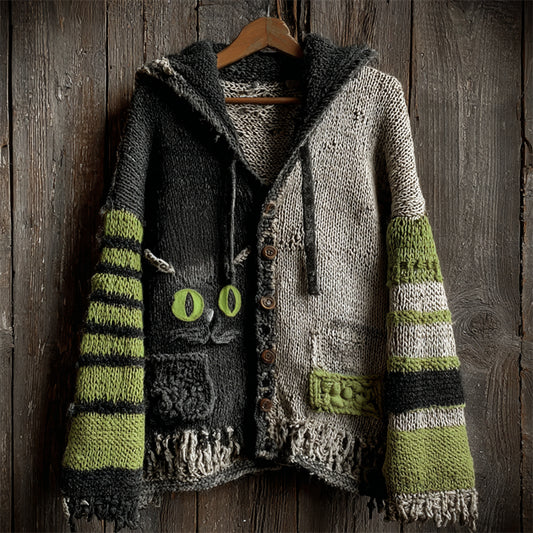 Comstylish Halloween Black Cat Contrast Striped Hooded Cozy Knit Cardigan