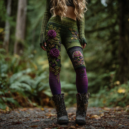 Women's Vintage Skull And Rose Patchwork Comfortable Leggings elevenforest