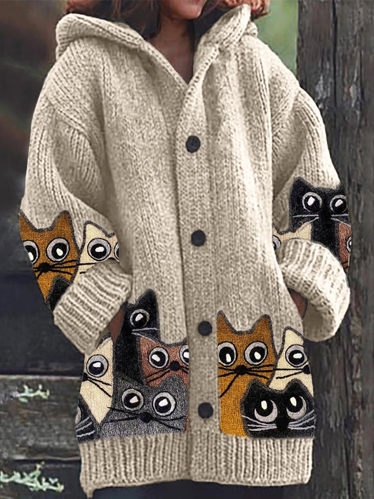 Colorful Crowded Cats Knit Cozy Hooded Cardigan elevenforest