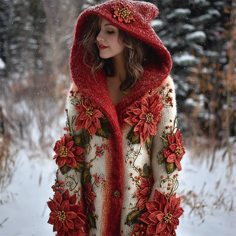 Elegant Christmas Poinsettia Glitter Beaded Cozy Hooded Cardigan artswardrobe