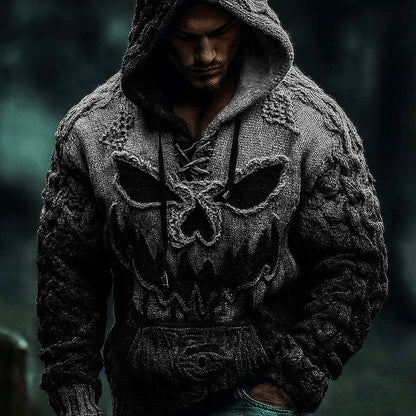 Men's Halloween Pumpkin Face Gradient Jacquard Knit Hooded Sweater elevenforest